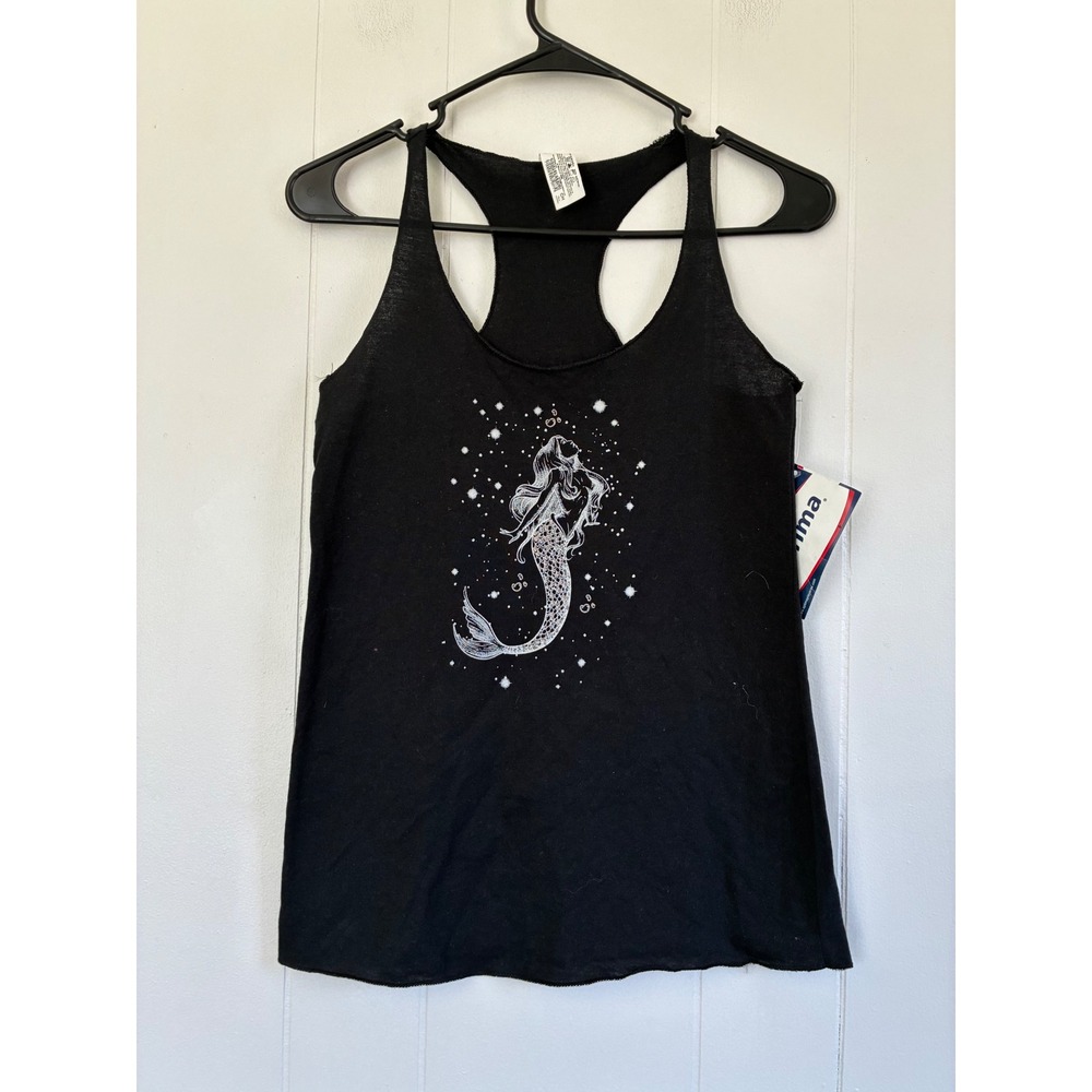 NWT Optima Womens Mermaid Graphic Whimsigoth Tank Top Black Silver‎ Glitter S